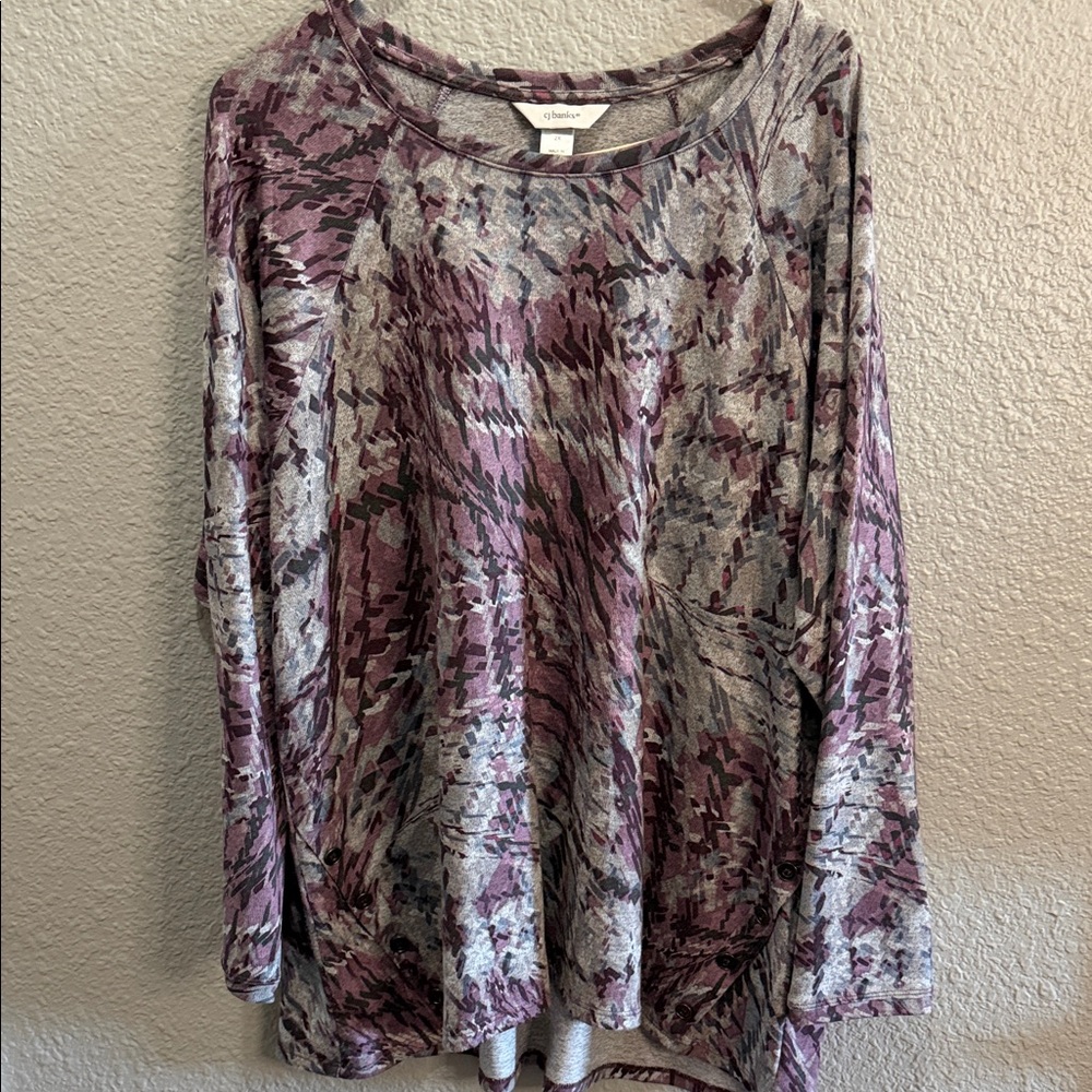 CJ Banks Abstract Watercolor Print Top - Purple & Gray